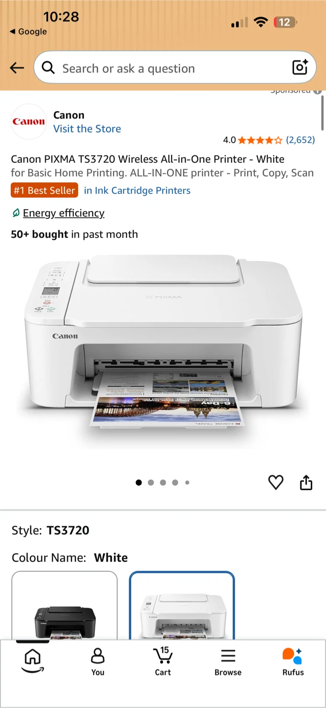 Canon PIXMA TS3720 Wireless All-in-One Printer - White