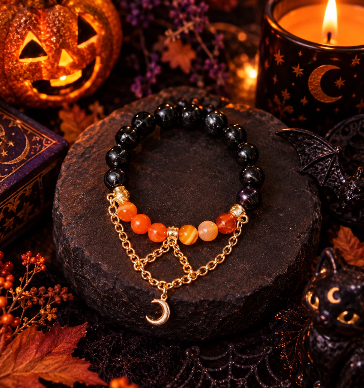 Black and Orange Gemstone Moon Charm Bracelet