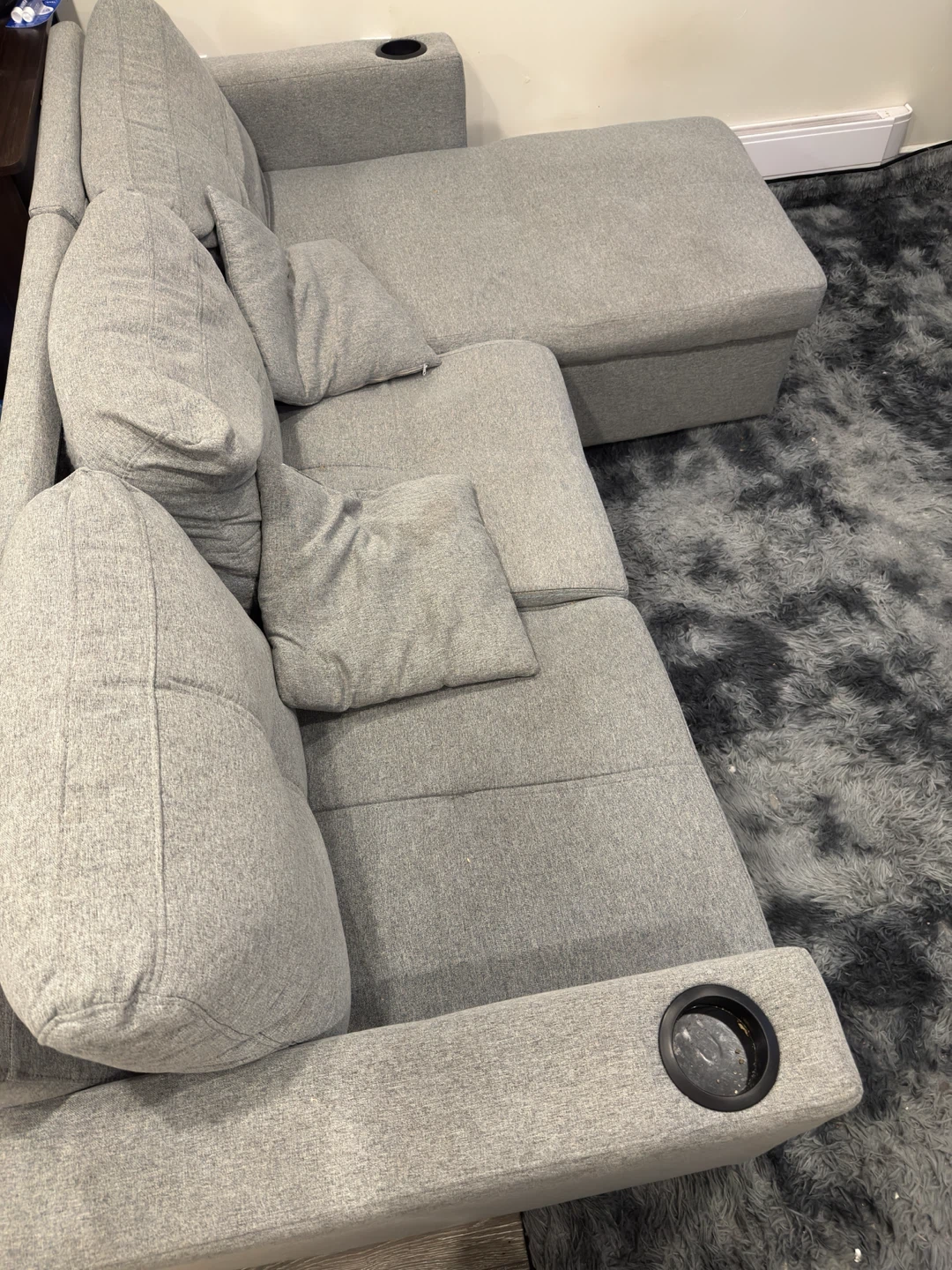 Grey Sectional Sofa with Storage and Cup Holders