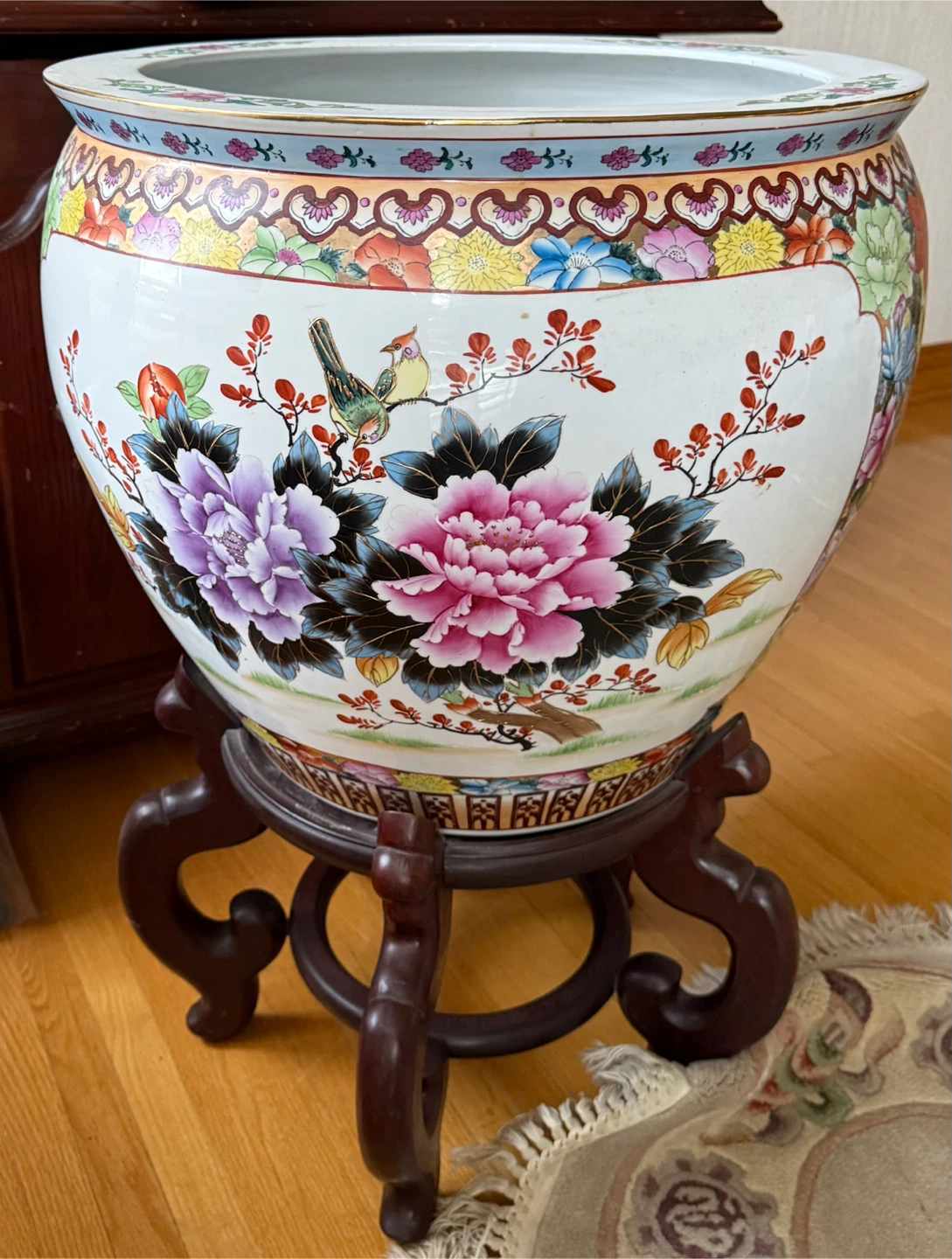 Large Decorative Ceramic Fish Bowl Planter with Wooden Stand