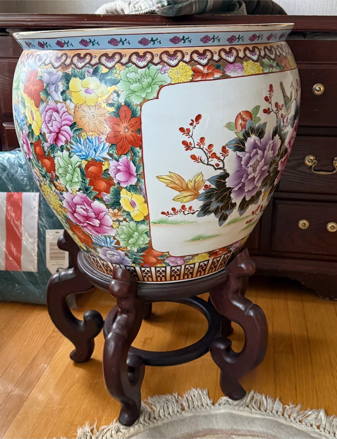 Large Decorative Ceramic Fish Bowl Planter with Wooden Stand - photo 2