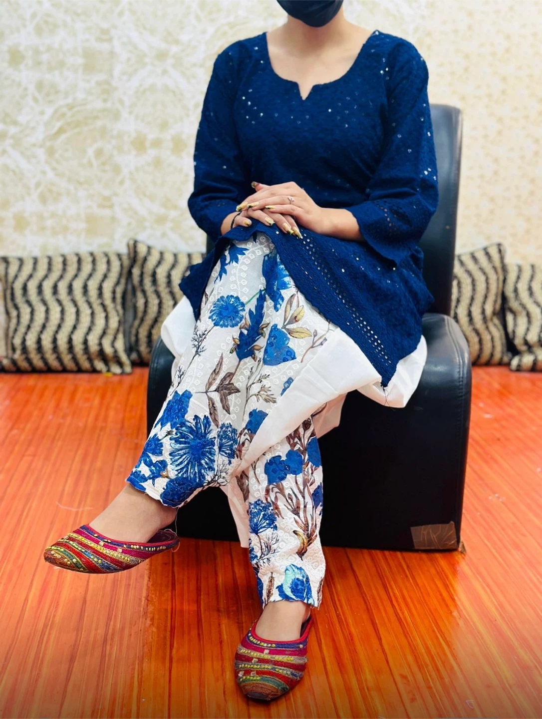 Blue Kurta and Floral Pant Set