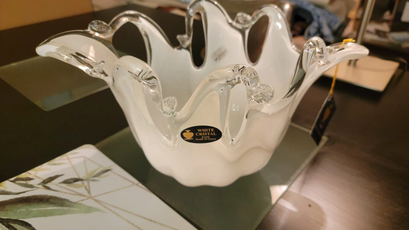 White Cristal Hand Blown Italian Glass Bowl