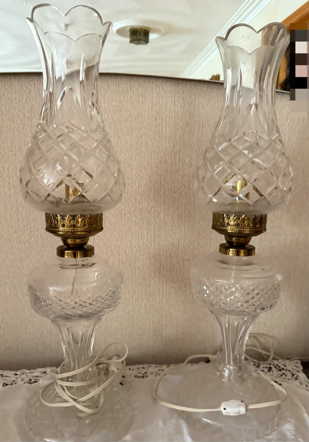 Pair of Crystal Hurricane Lamps