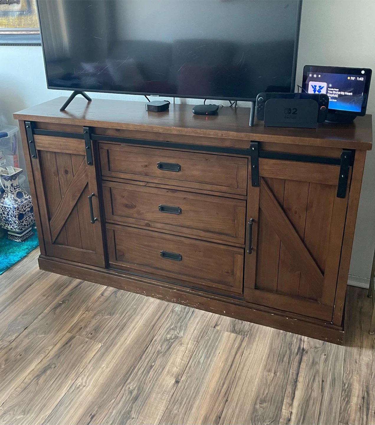 Rustic Farmhouse TV Stand with Sliding Doors - photo 2