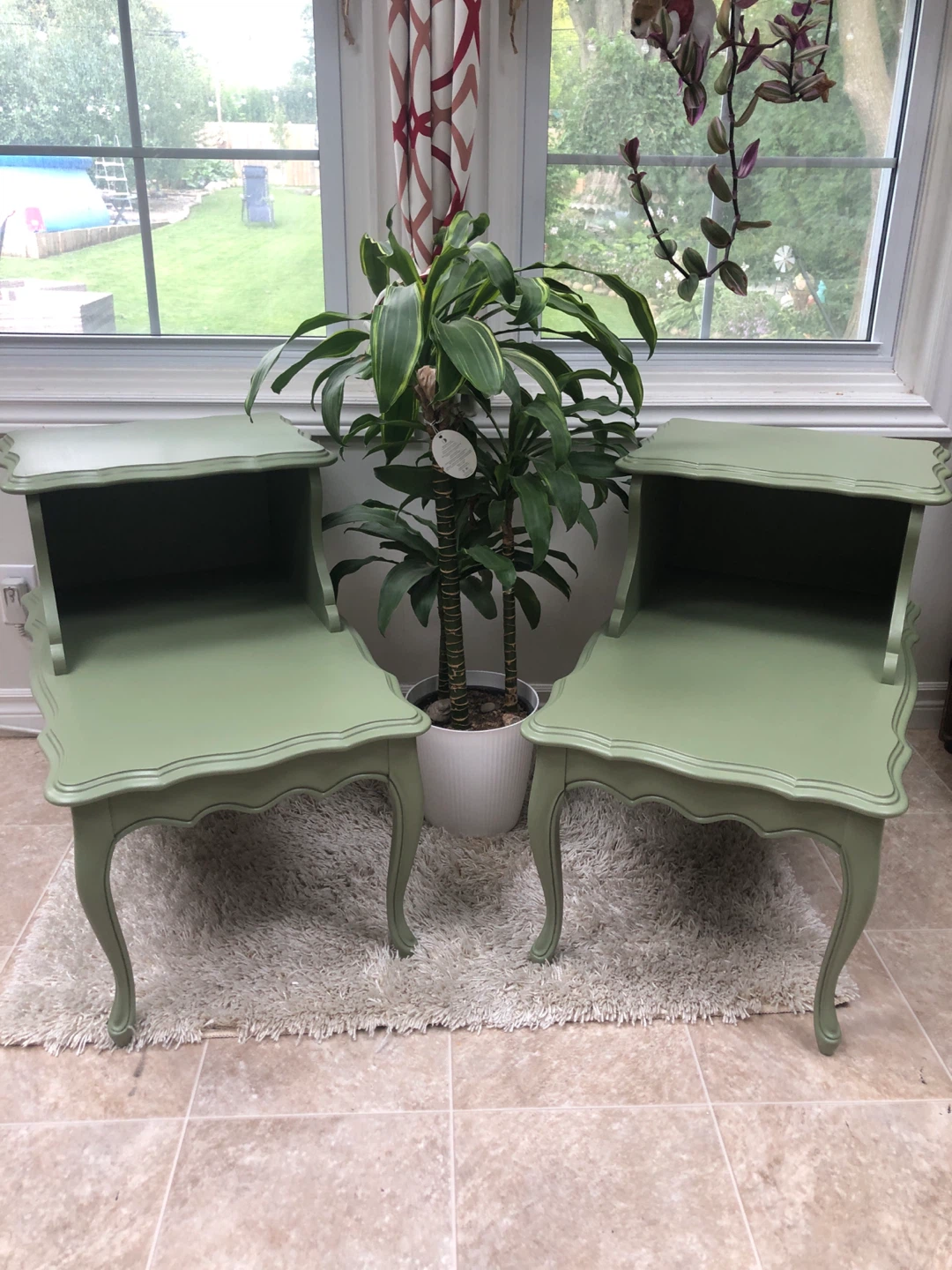 2 end tables, green, refinished