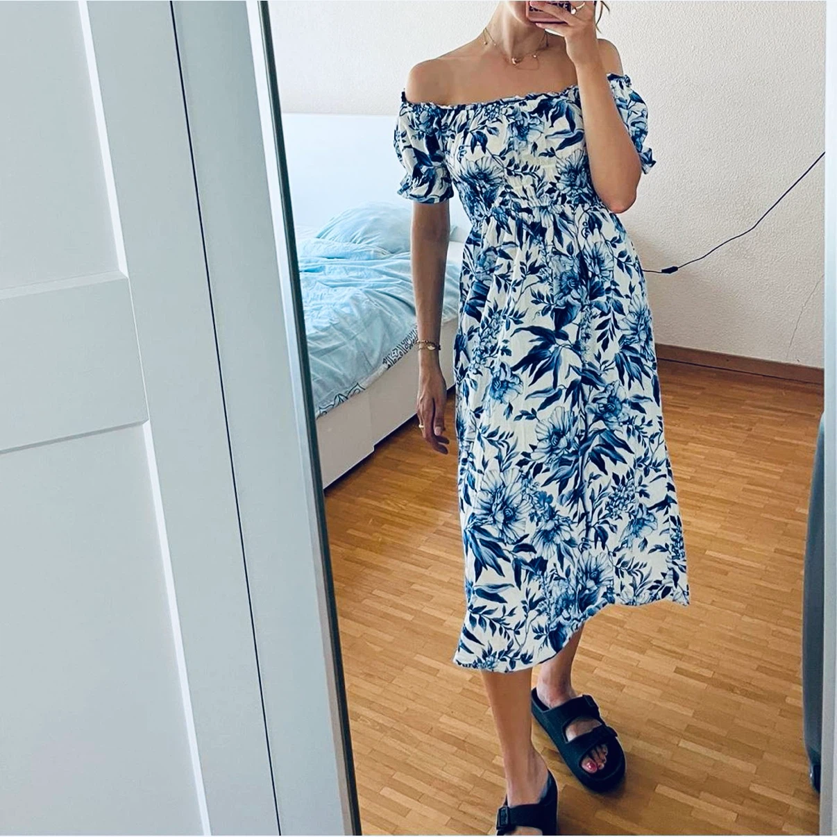 H&M Blue and White Floral Off-the-Shoulder Dress