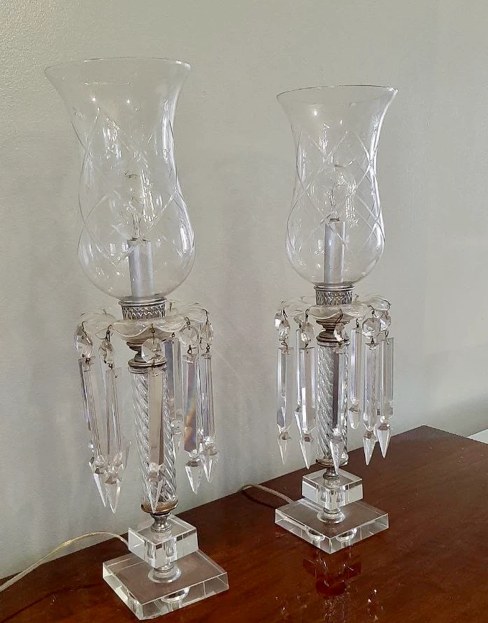 Set of Two Vintage Crystal Hurricane Lamps