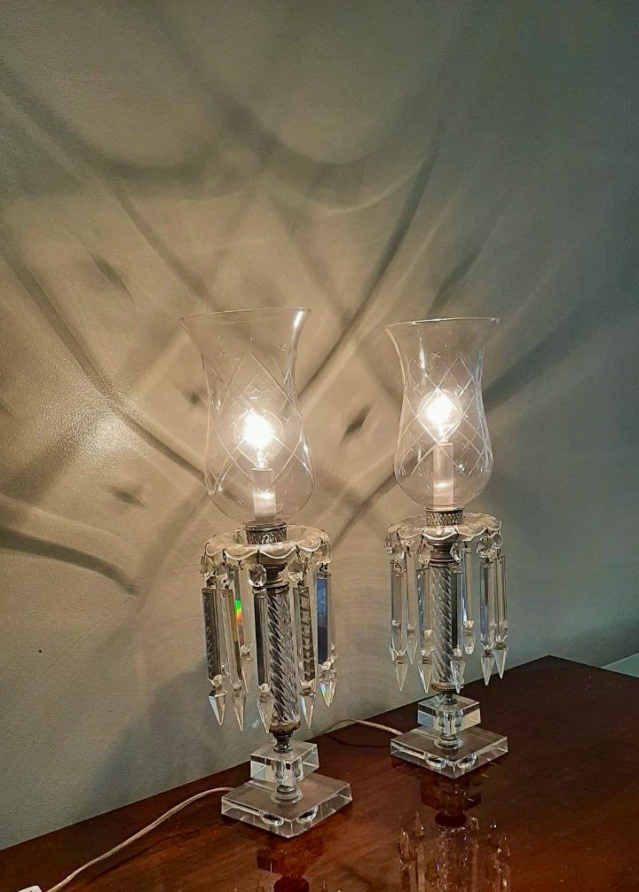 Set of Two Vintage Crystal Hurricane Lamps - photo 2