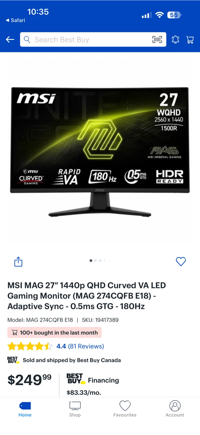MSI 27" 180Hz Curved Gaming Monitor