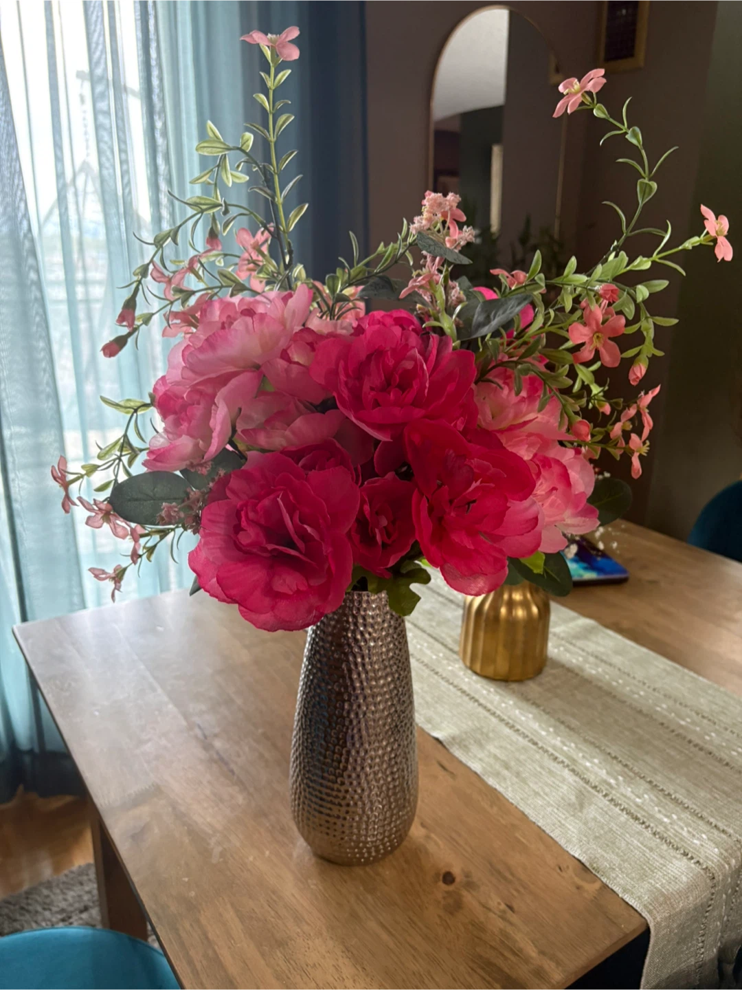 Artificial Pink Flower Arrangement in Hammered Silver Vase