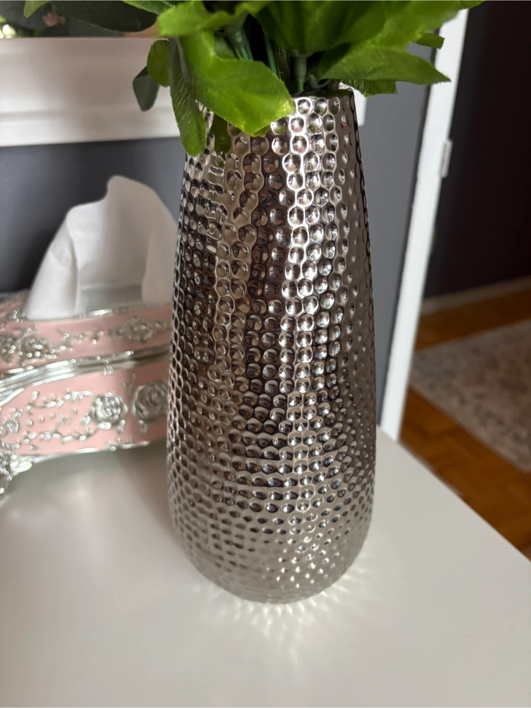 Artificial Pink Flower Arrangement in Hammered Silver Vase - photo 2