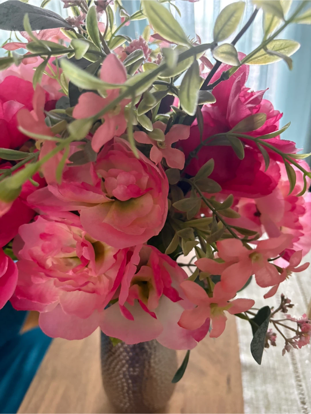 Artificial Pink Flower Arrangement in Hammered Silver Vase - photo 3