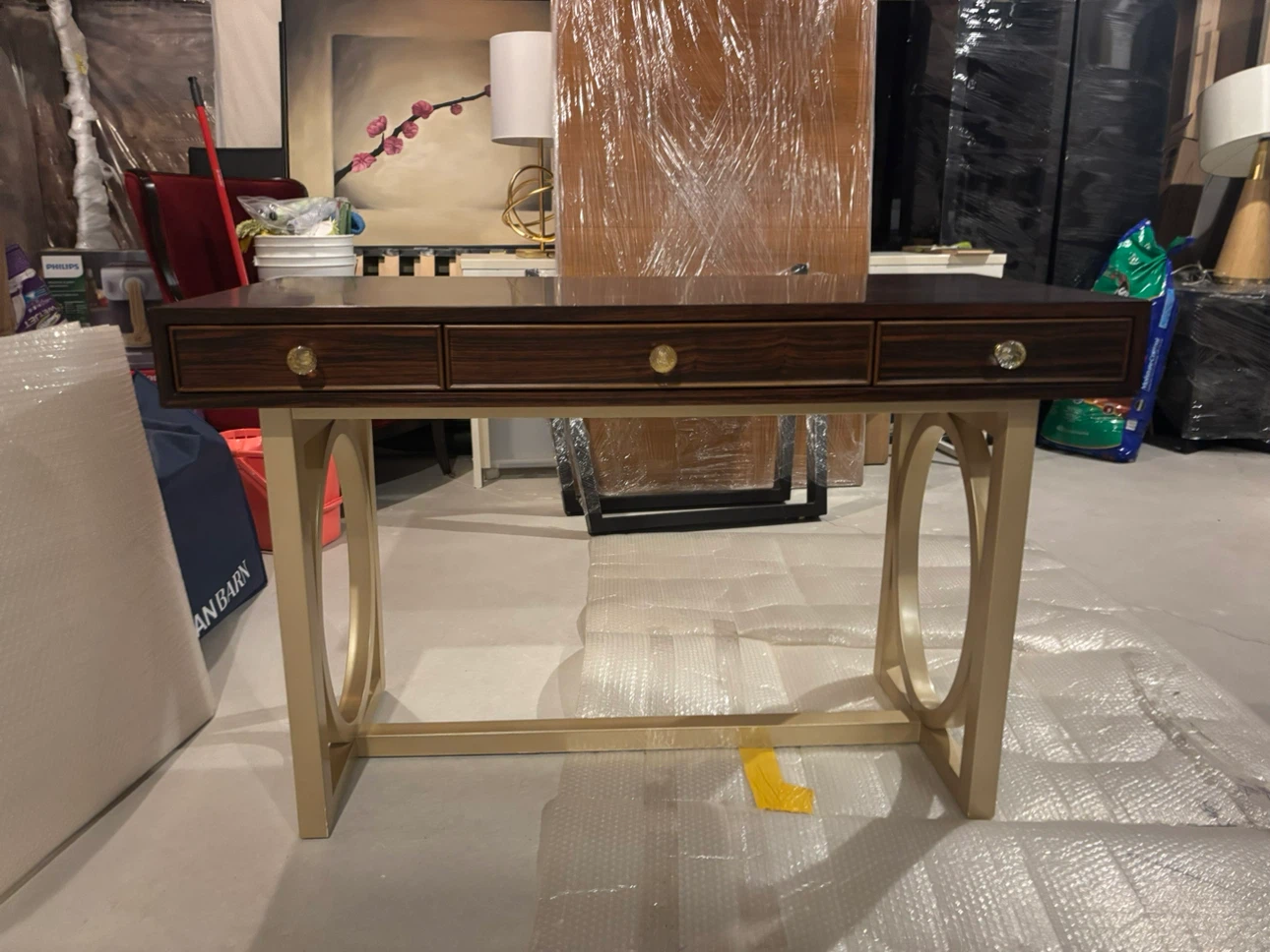 Modern 3-Drawer Writing Desk / Vanity, Ebony & Gold - photo 2