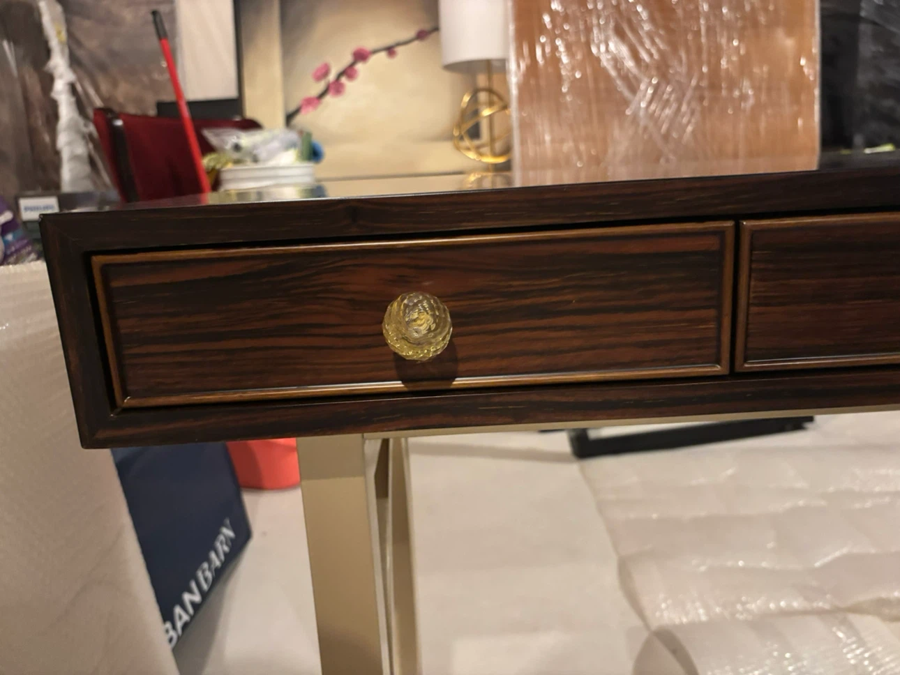 Modern 3-Drawer Writing Desk / Vanity, Ebony & Gold - photo 4