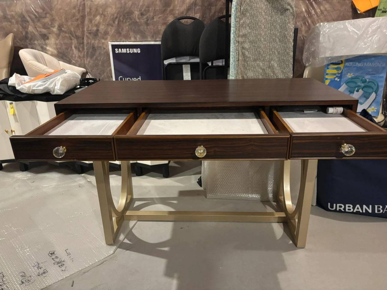 Modern 3-Drawer Writing Desk / Vanity, Ebony & Gold - photo 5
