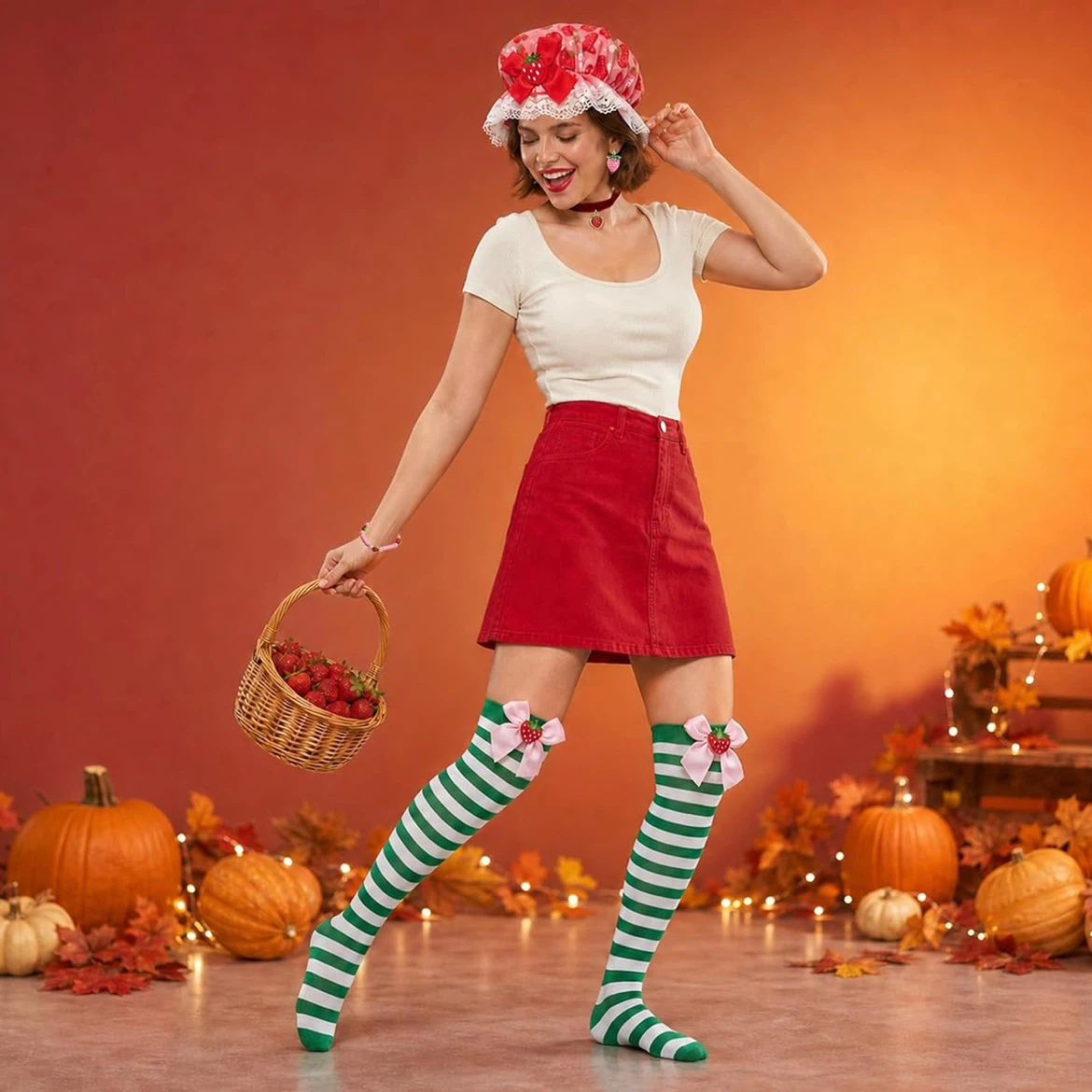 Brand New Strawberry Hat & Stockings Halloween Costume
