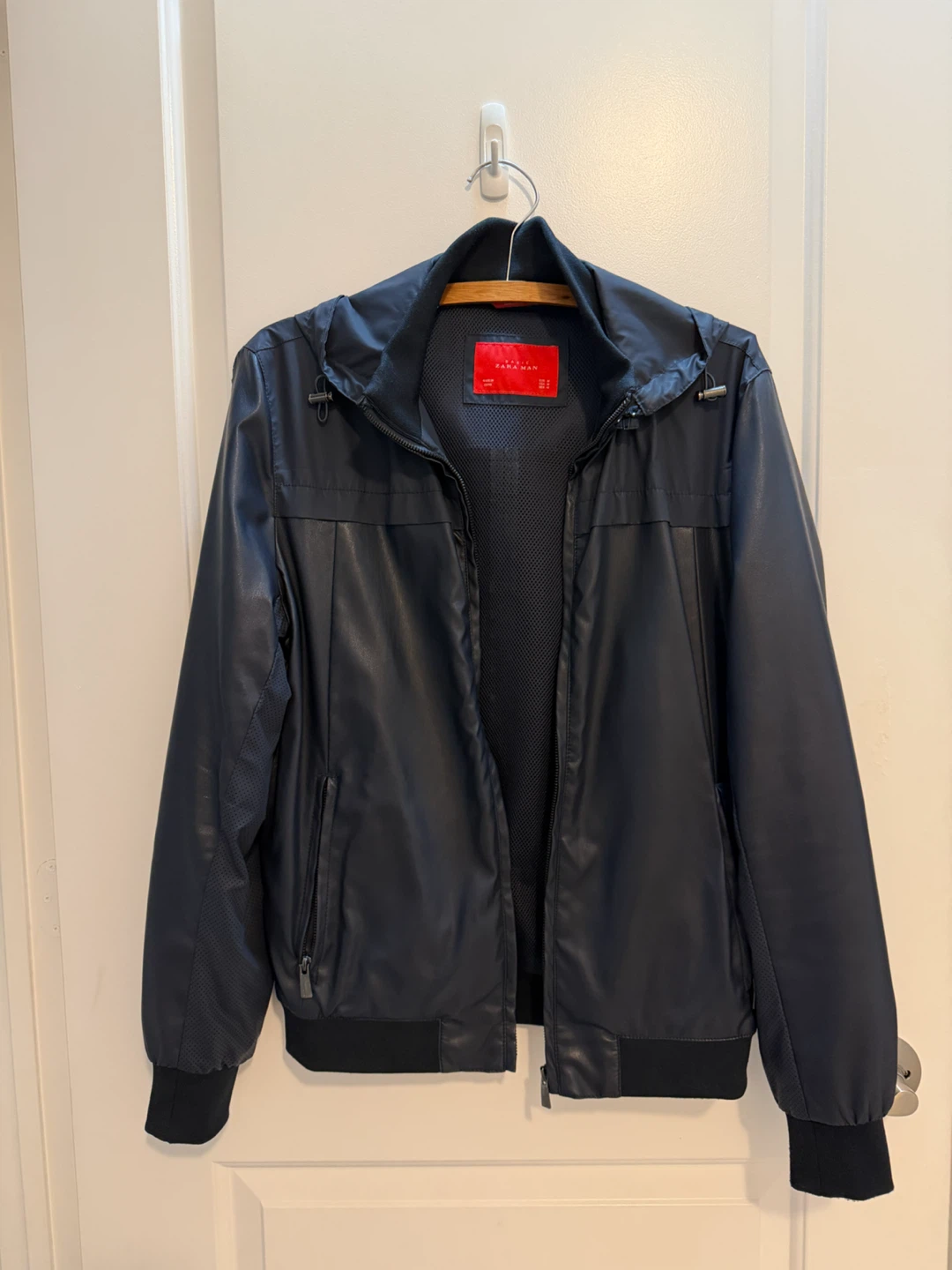 ZARA MAN Navy Faux Leather Hooded Jacket