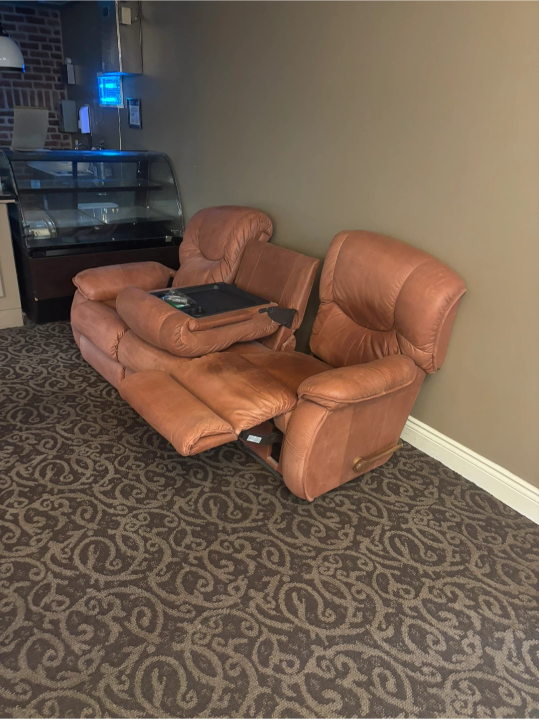 Tan Brown Reclining Loveseat with Console