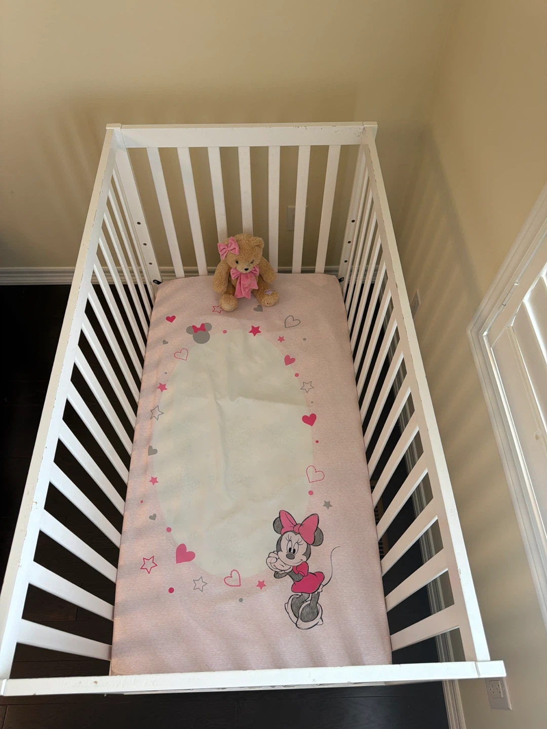 White Wooden Baby Crib + Mattress & Sheet