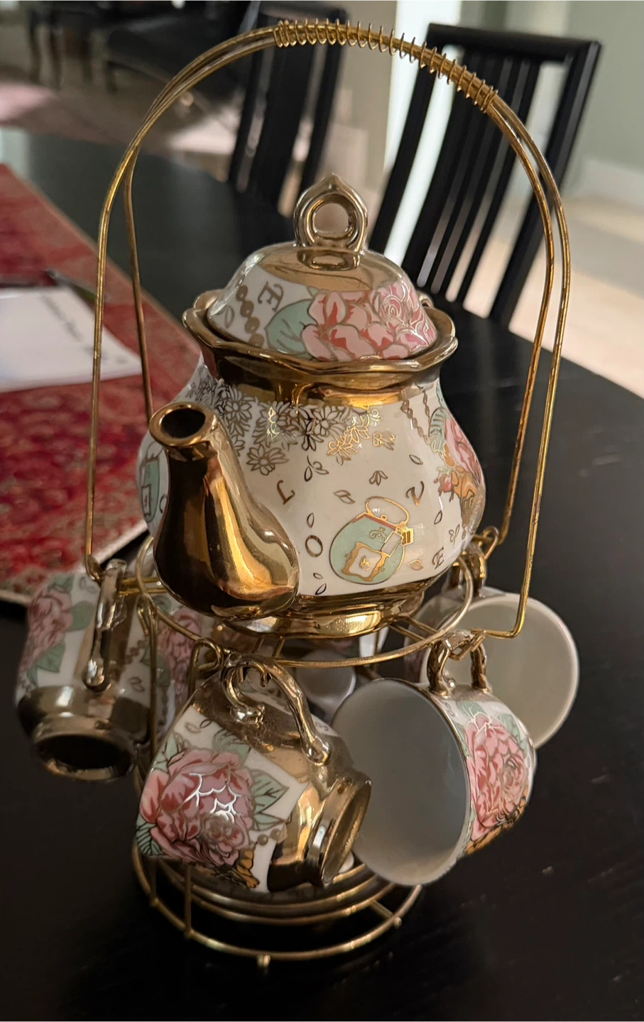 Floral Tea Set with Gold Stand