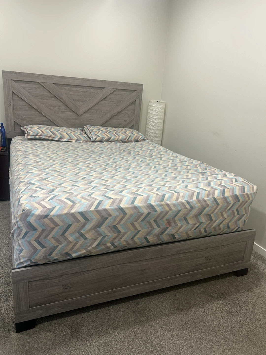 Queen Grey Wood Bed Frame- free queen matress