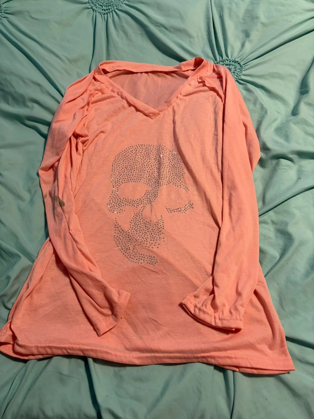 Pink long sleeve skull rhinestone top