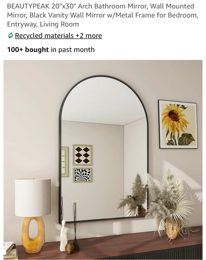 New BEAUTYPEAK 20"x30" Arched Mirror Black