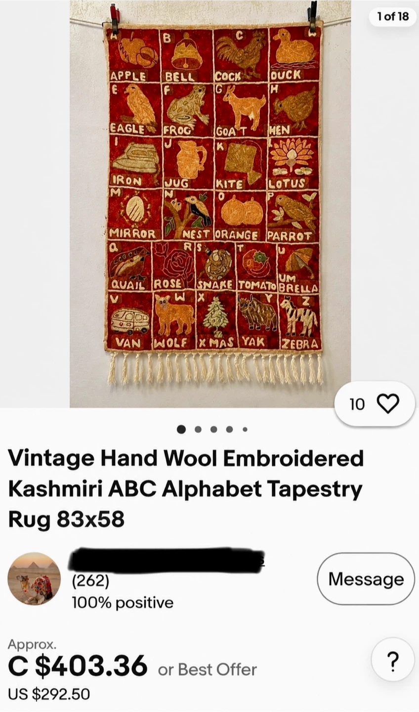 Vintage Hand-Embroidered Kashmiri Wool Alphabet Tapestry