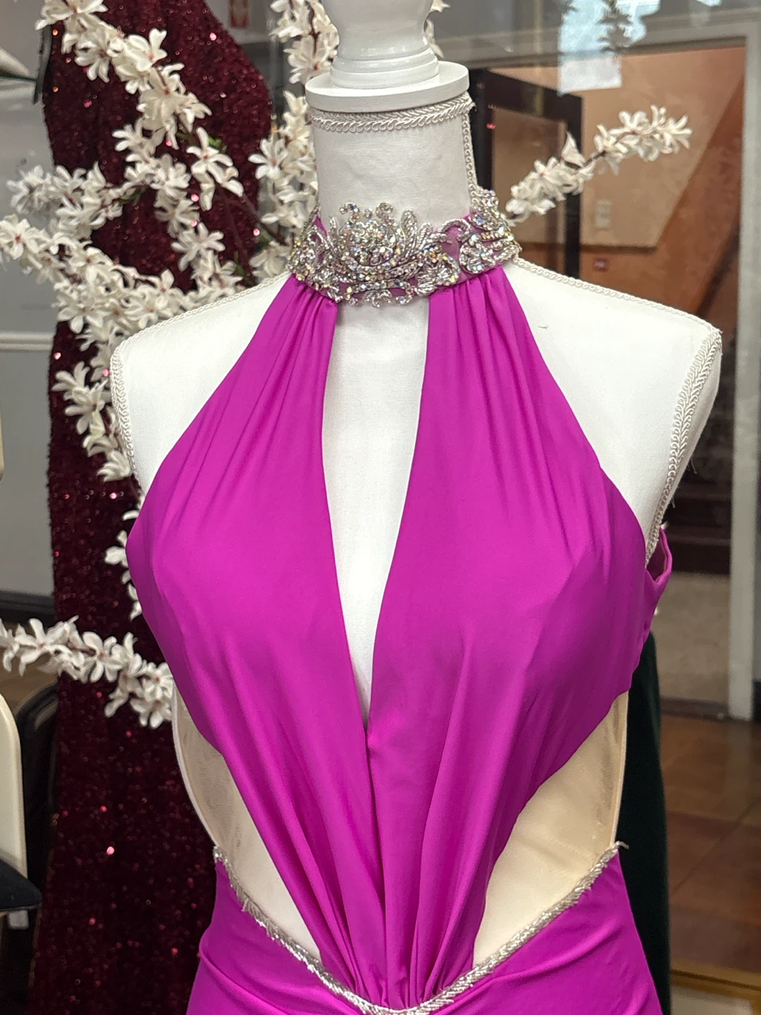 Fuchsia Rhinestone Halter Evening Gown