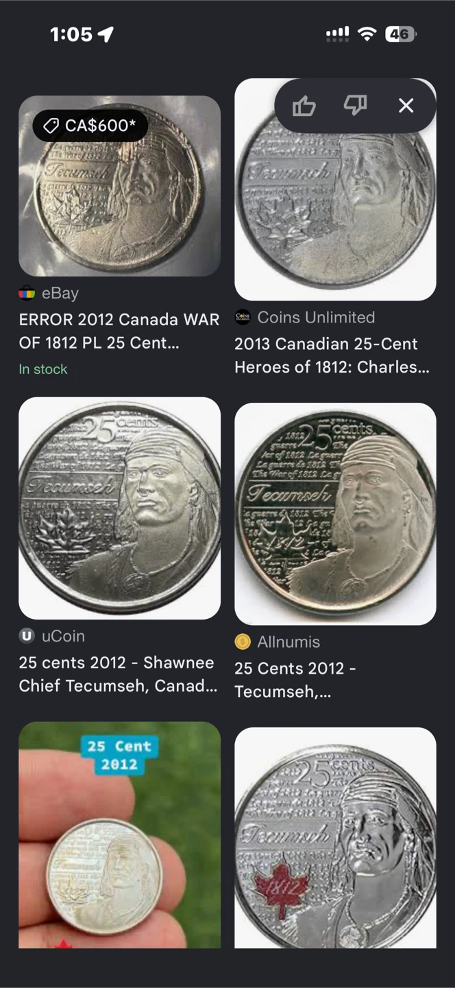 2012 Canadian 25 Cent Tecumseh Coin - photo 3