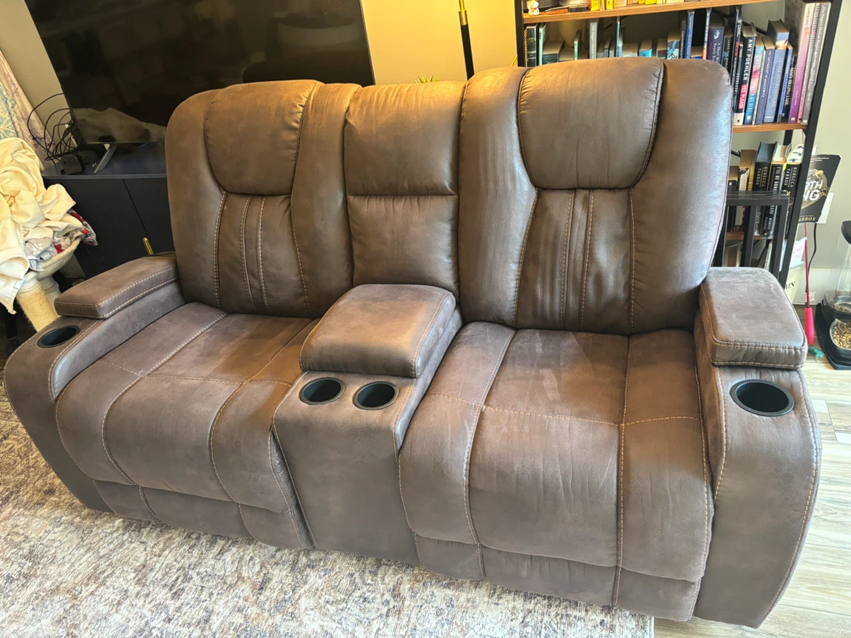 Brown Reclining Loveseat with Console