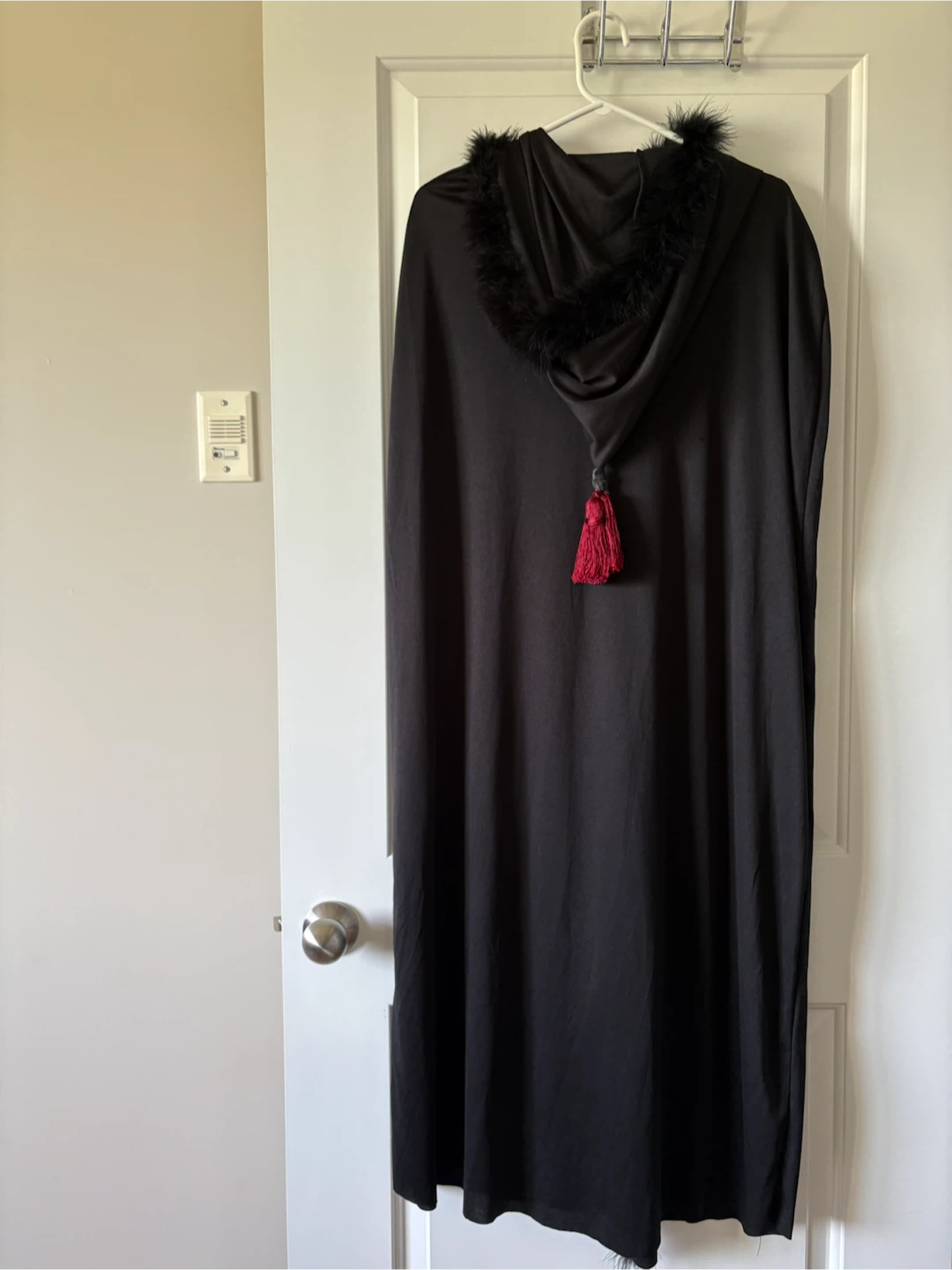 2 peice Halloween Costume- Black Hooded Cape with Feather Trim