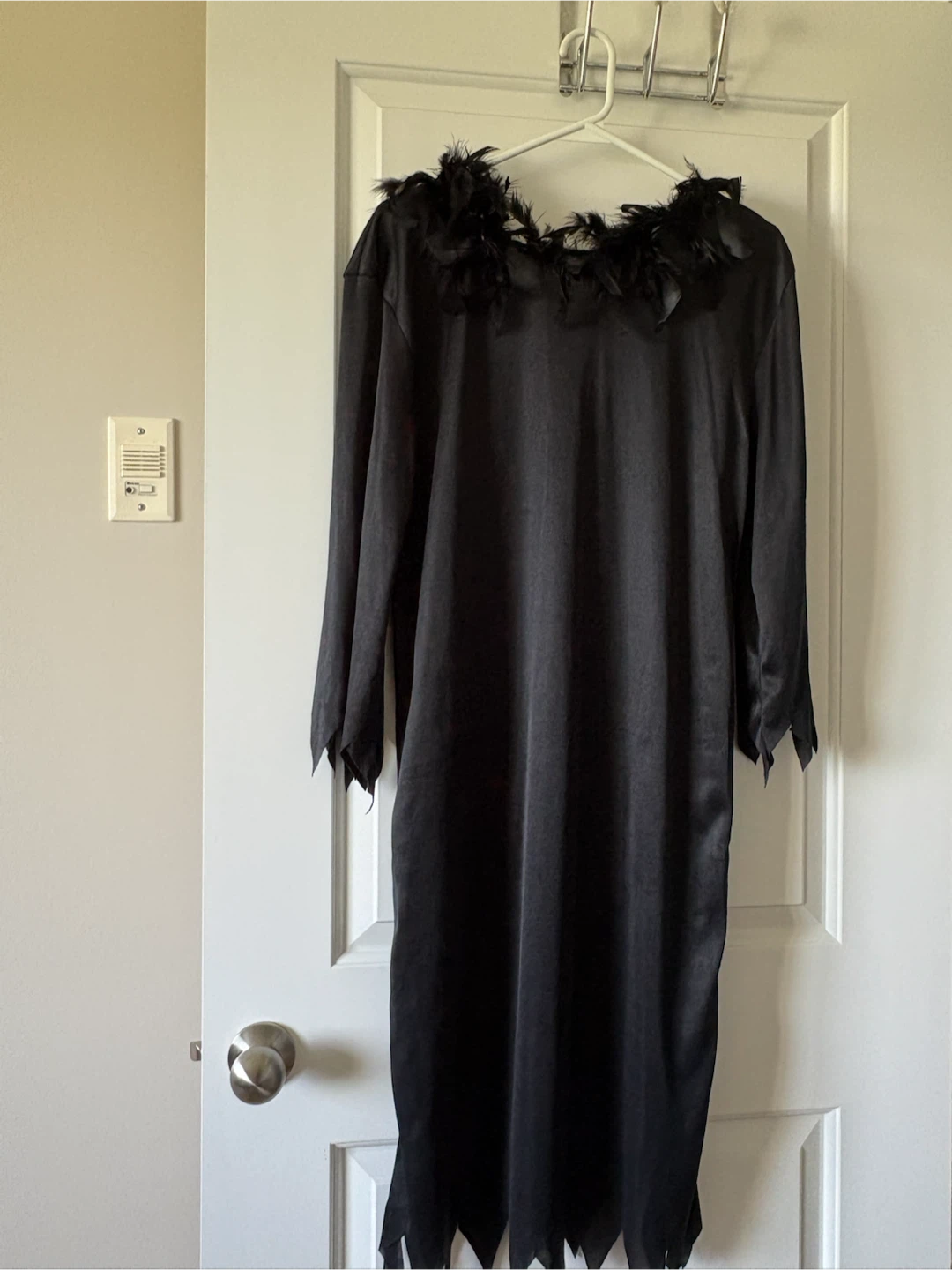 2 peice Halloween Costume- Black Hooded Cape with Feather Trim - photo 2
