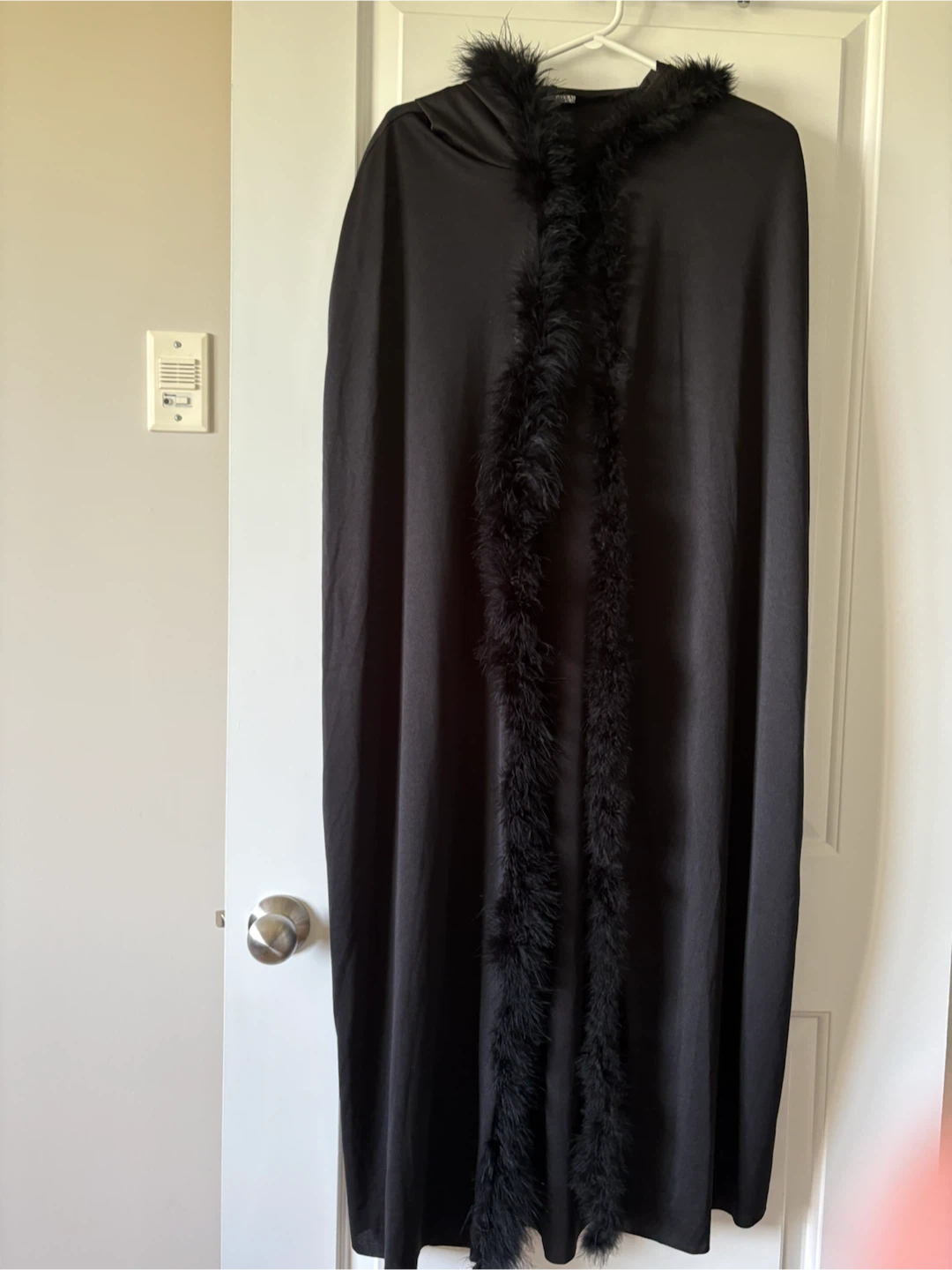 2 peice Halloween Costume- Black Hooded Cape with Feather Trim - photo 3