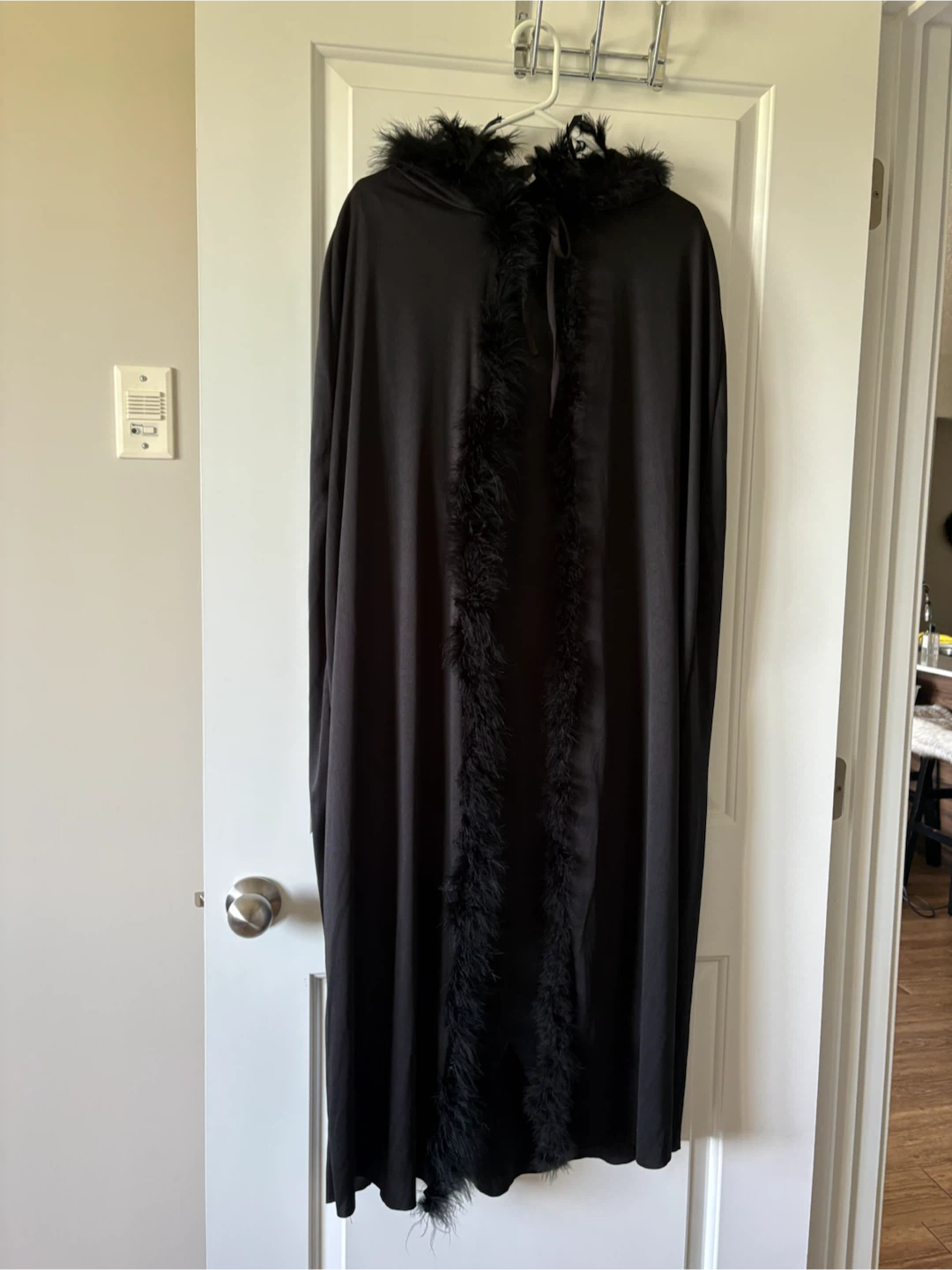 2 peice Halloween Costume- Black Hooded Cape with Feather Trim - photo 4