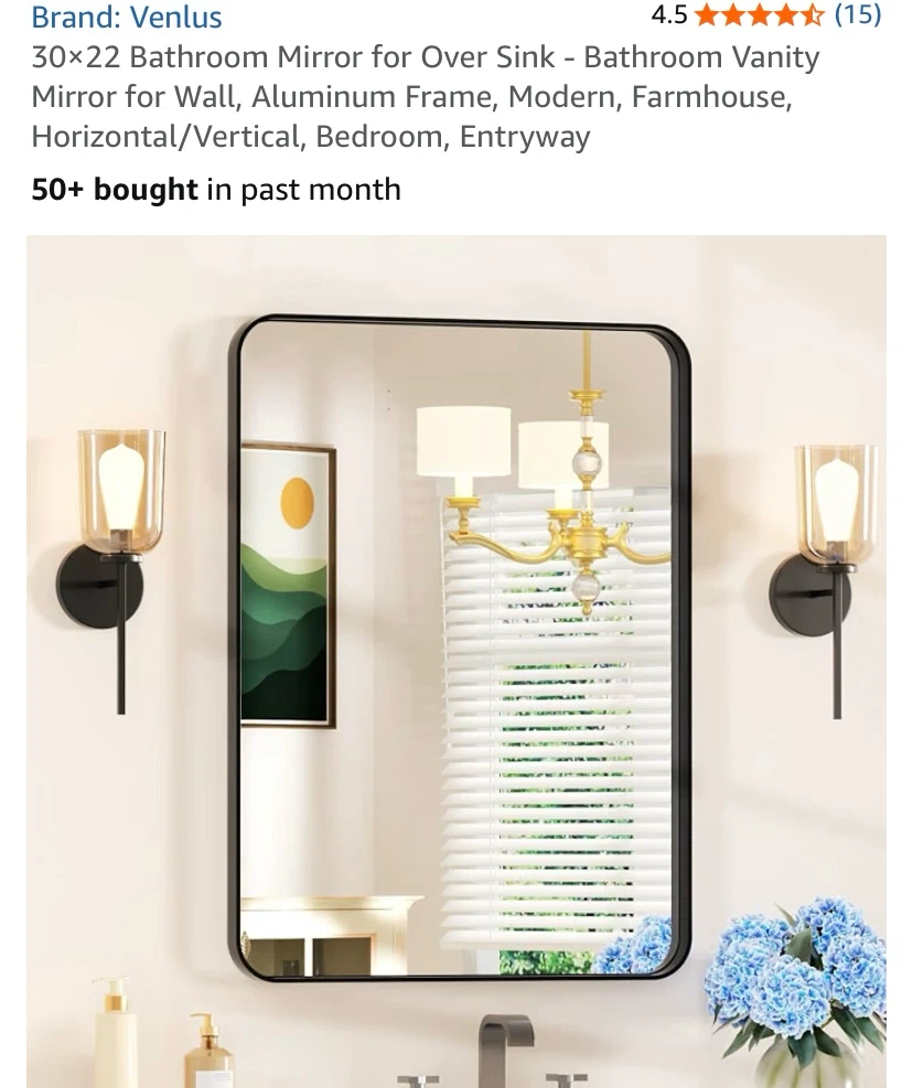 New 30”x22” Mirror Rectangular Black