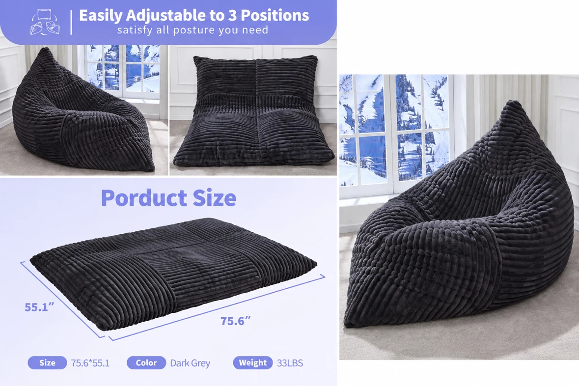 Adult Bean Bag Chair 3 in 1 Convertible Large Bean Bag Sofa