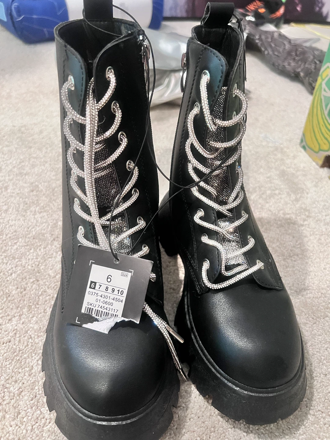 Black Rhinestone Lace-Up Boots