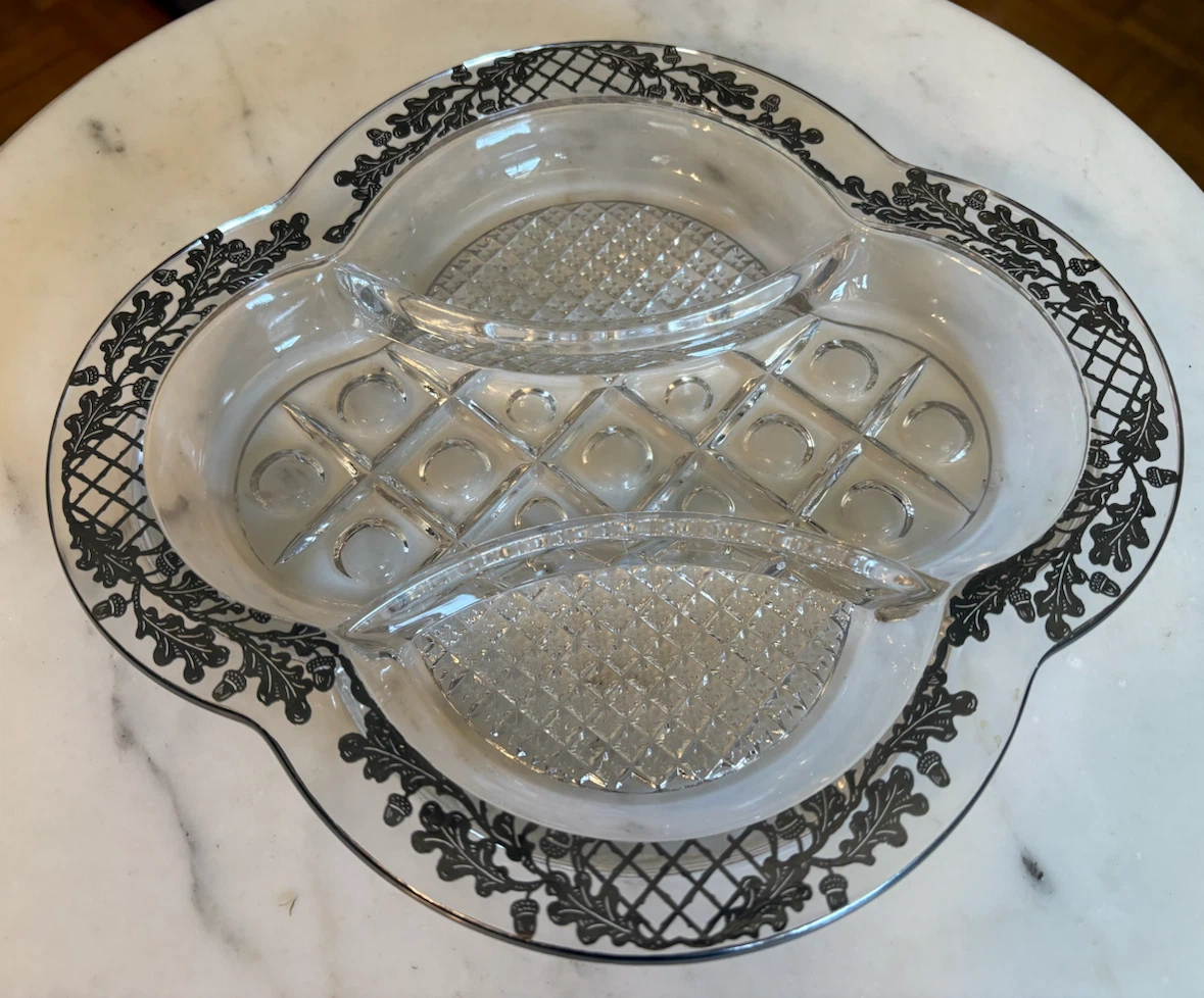 Vintage Glass Divided Dish with Silver Overlay Oak Leaf Pattern