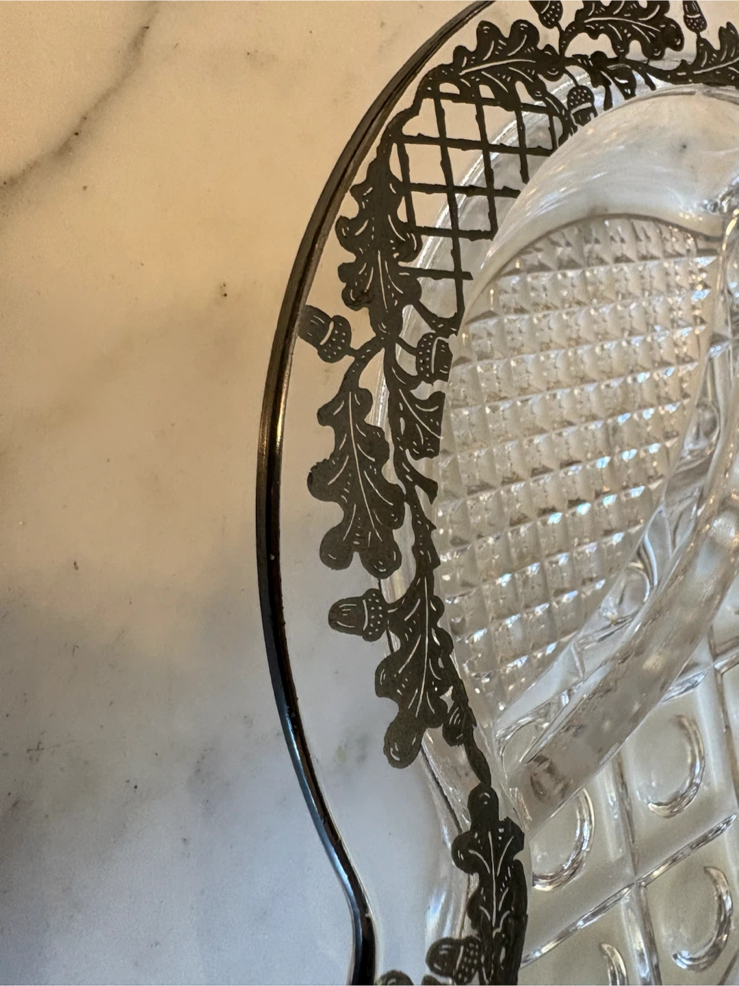 Vintage Glass Divided Dish with Silver Overlay Oak Leaf Pattern - photo 2