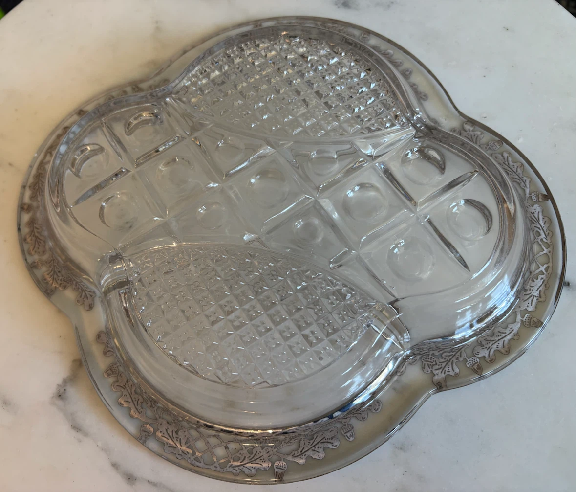 Vintage Glass Divided Dish with Silver Overlay Oak Leaf Pattern - photo 3
