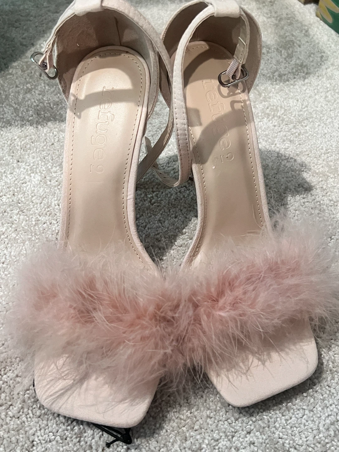 Refuge Pink Feather Ankle Strap Heels
