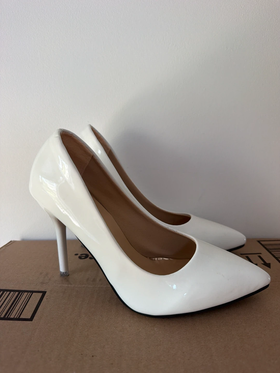 White Patent Stiletto Heels size 5.5-6
