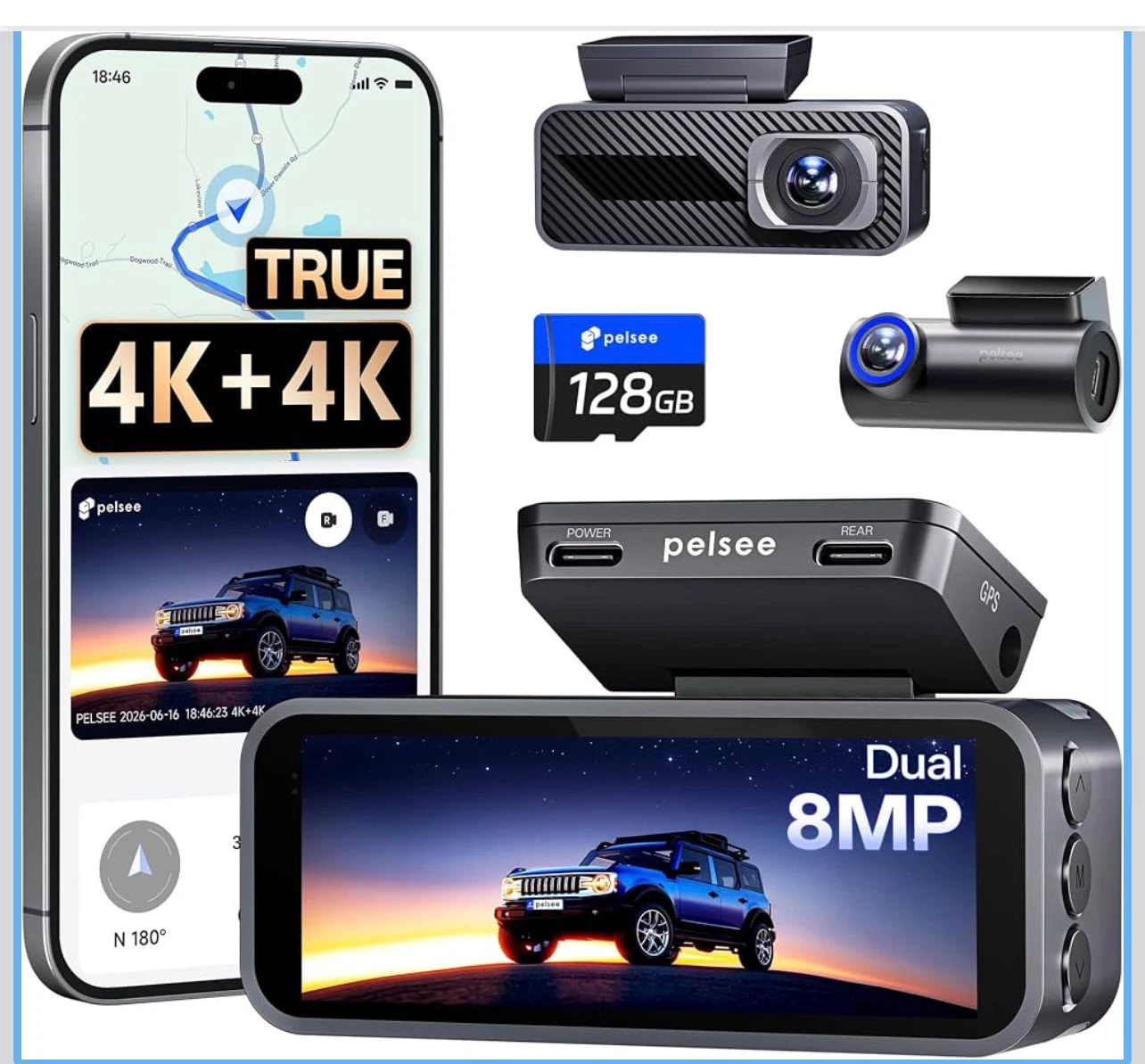 S1 Pro Dual 4K+4K Dash Cam with 128GB Card