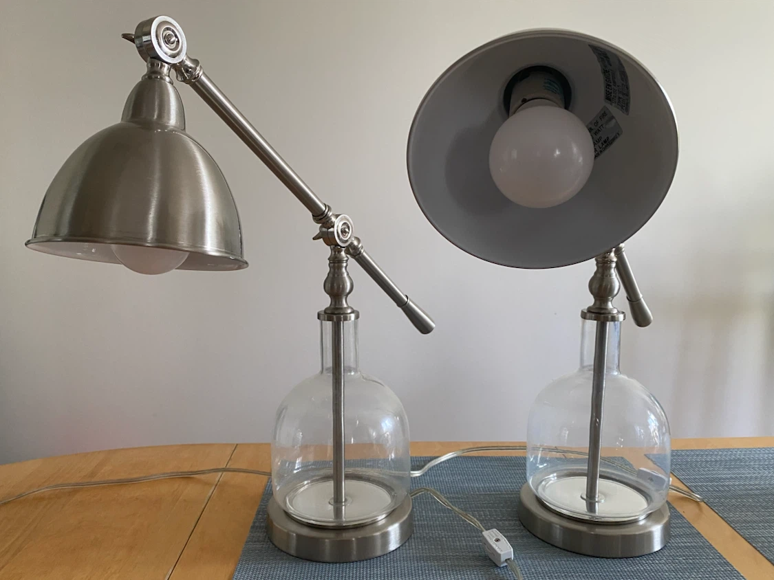 Set of Two Brushed Nickel and Glass Table Lamps
