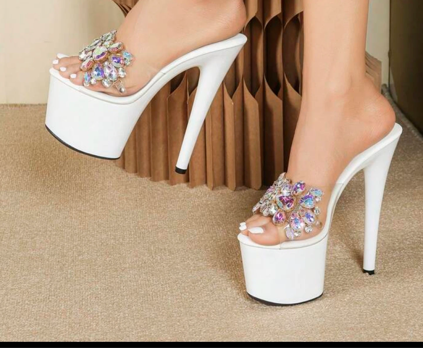 White Rhinestone Platform Heels