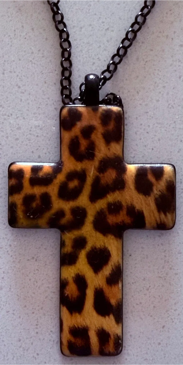 Textured LONG CHAINED • Necklace LEOPARD Print CROSS