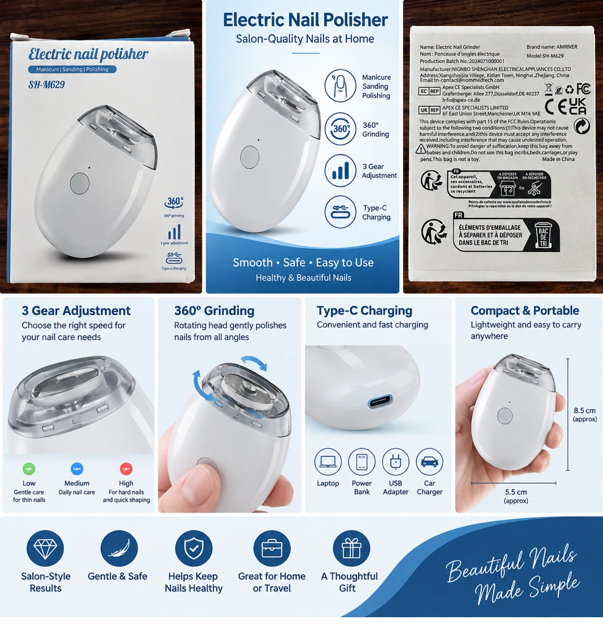 AMRIVER SH-M629 Electric Nail Polisher 3 Speed Rechargeable