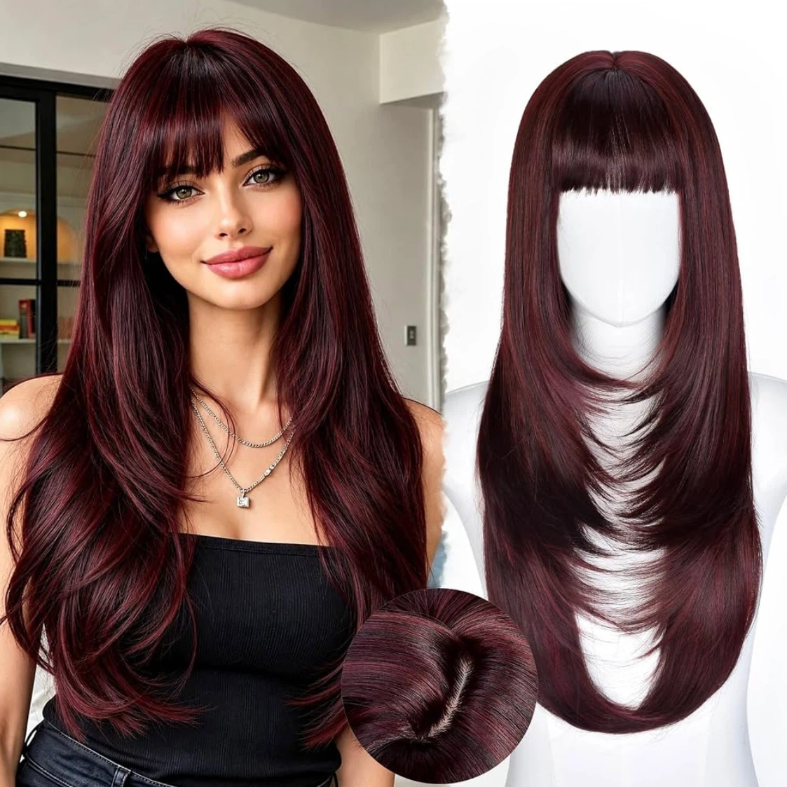 Brand New 26-28 Inch Burgundy Synthetic Glueless Wig with Bangs